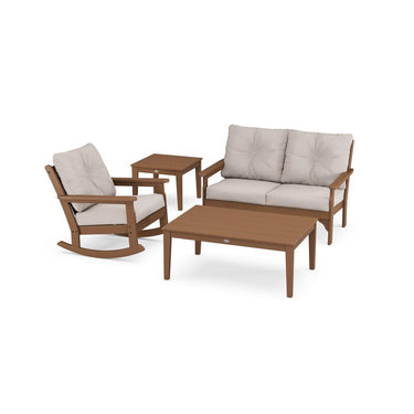 POLYWOOD Vineyard 4-Piece Deep Seating Rocker Set - Teak / Dune Burlap